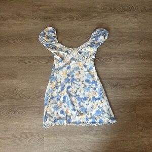 ASOS Blue Floral Lace Trim Mini Dress Cottagecore Puff Sleeve Lettuce Hem